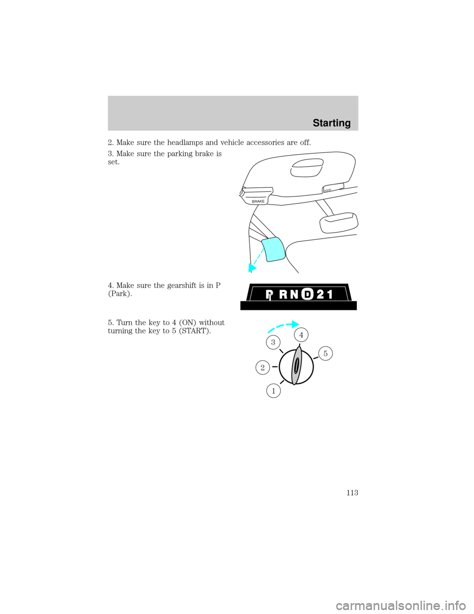 FORD CROWN VICTORIA 1999 2.G Owners Manual 2. Make sure the headlamps and vehicle accessories are off.
3. Make sure the parking brake is
set.
4. Make sure the gearshift is in P
(Park).
5. Turn the key to 4 (ON) without
turning the key to 5 (ST