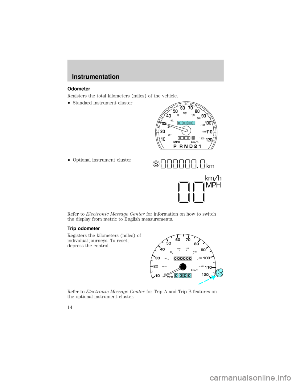 FORD CROWN VICTORIA 1999 2.G User Guide Odometer
Registers the total kilometers (miles) of the vehicle.
²Standard instrument cluster
²Optional instrument cluster
Refer toElectronic Message Centerfor information on how to switch
the displa