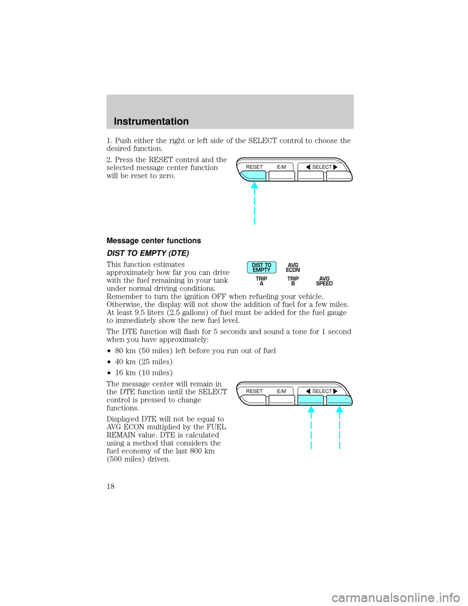 FORD CROWN VICTORIA 1999 2.G User Guide 1. Push either the right or left side of the SELECT control to choose the
desired function.
2. Press the RESET control and the
selected message center function
will be reset to zero.
Message center fu FORD CROWN VICTORIA 1999 2.G User Guide 1. Push either the right or left side of the SELECT control to choose the
desired function.
2. Press the RESET control and the
selected message center function
will be reset to zero.
Message center fu