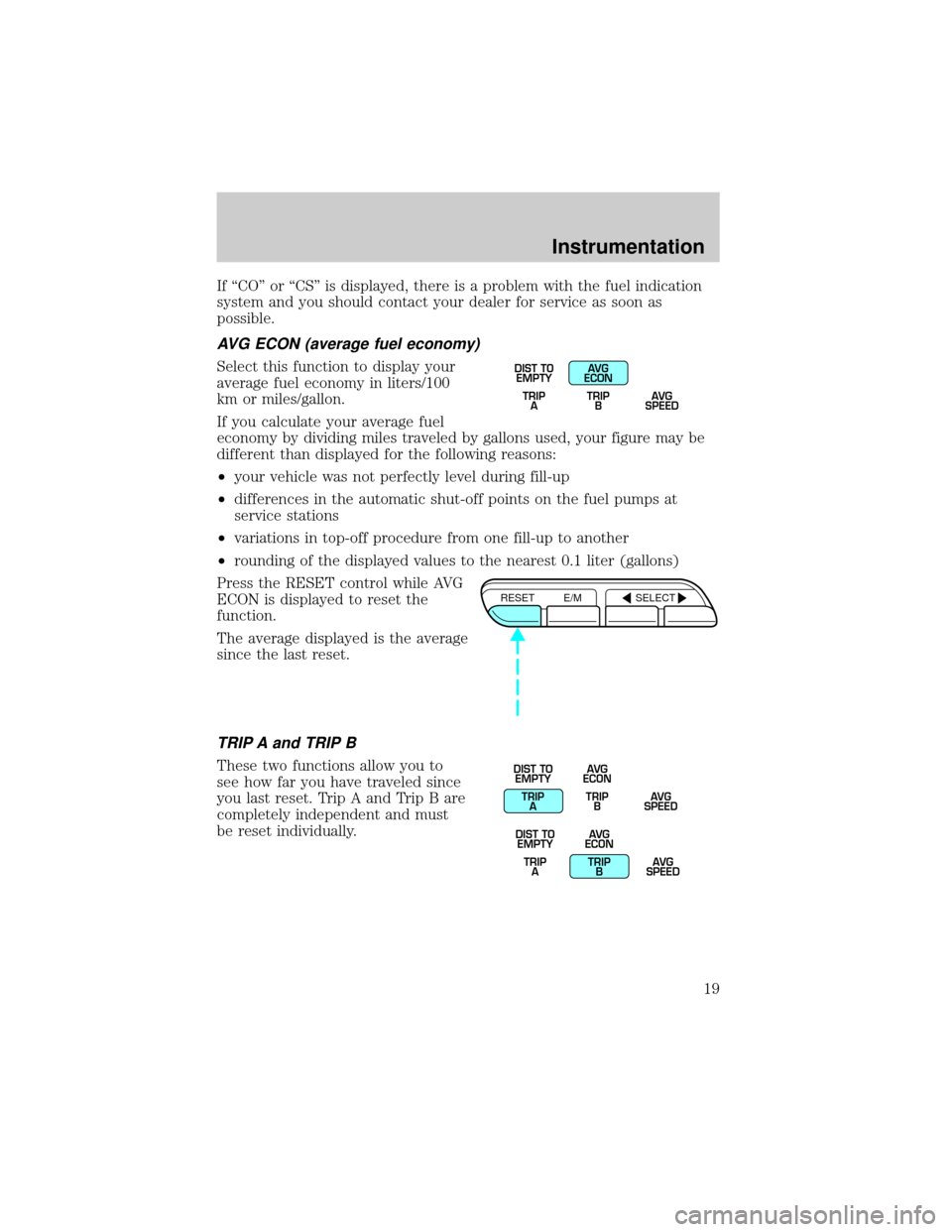FORD CROWN VICTORIA 1999 2.G User Guide If ªCOº or ªCSº is displayed, there is a problem with the fuel indication
system and you should contact your dealer for service as soon as
possible.
AVG ECON (average fuel economy)
Select this fun FORD CROWN VICTORIA 1999 2.G User Guide If ªCOº or ªCSº is displayed, there is a problem with the fuel indication
system and you should contact your dealer for service as soon as
possible.
AVG ECON (average fuel economy)
Select this fun