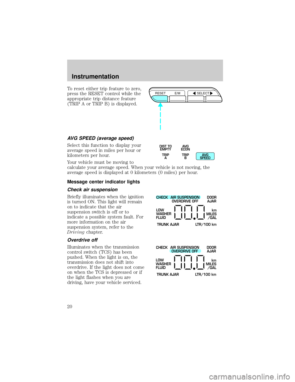 FORD CROWN VICTORIA 1999 2.G Owners Manual To reset either trip feature to zero,
press the RESET control while the
appropriate trip distance feature
(TRIP A or TRIP B) is displayed.
AVG SPEED (average speed)
Select this function to display you