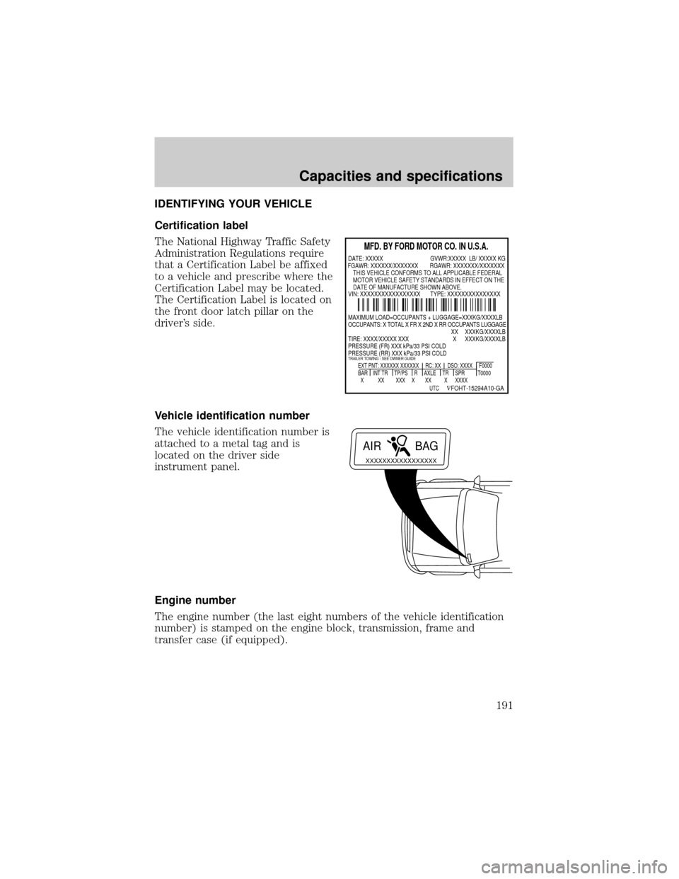 FORD CROWN VICTORIA 1999 2.G Owners Manual IDENTIFYING YOUR VEHICLE
Certification label
The National Highway Traffic Safety
Administration Regulations require
that a Certification Label be affixed
to a vehicle and prescribe where the
Certifica