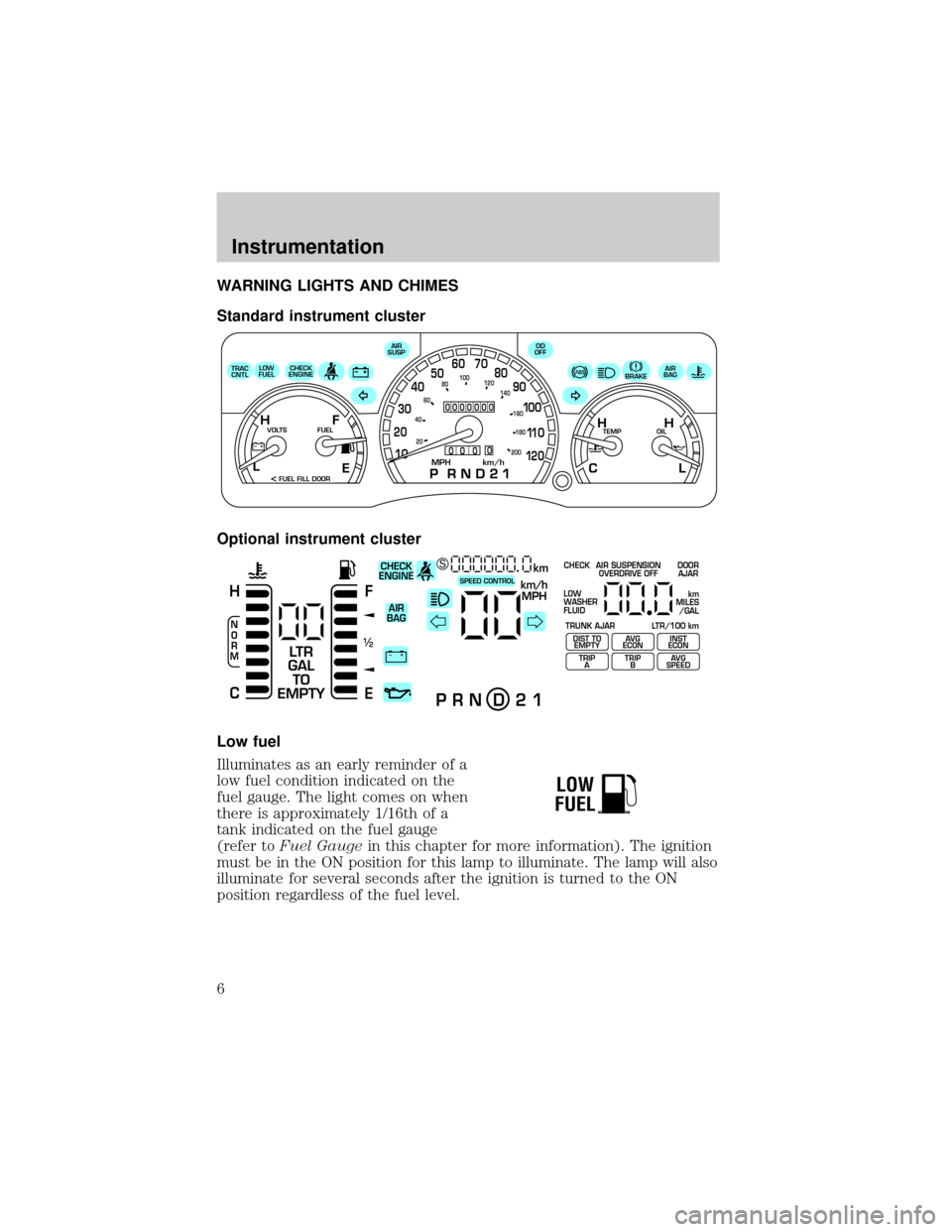 FORD CROWN VICTORIA 1999 2.G Owners Manual WARNING LIGHTS AND CHIMES
Standard instrument cluster
Optional instrument cluster
Low fuel
Illuminates as an early reminder of a
low fuel condition indicated on the
fuel gauge. The light comes on when