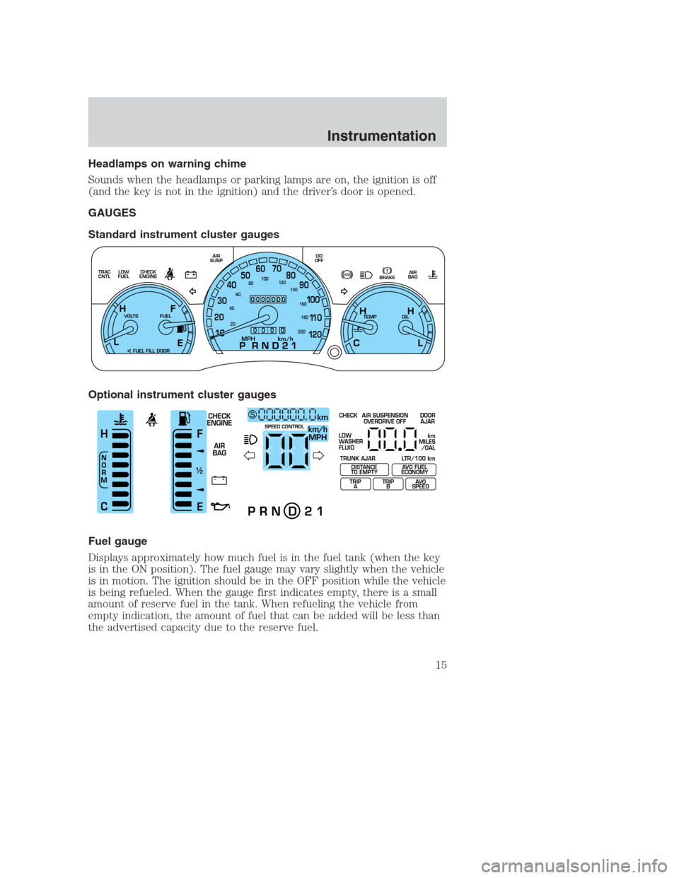 FORD CROWN VICTORIA 2000 2.G Owners Manual Headlamps on warning chime
Sounds when the headlamps or parking lamps are on, the ignition is off
(and the key is not in the ignition) and the driver’s door is opened.
GAUGES
Standard instrument clu