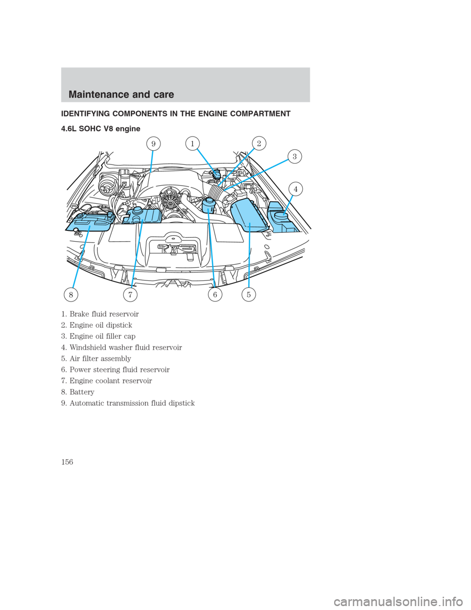 FORD CROWN VICTORIA 2000 2.G Owners Manual IDENTIFYING COMPONENTS IN THE ENGINE COMPARTMENT
4.6L SOHC V8 engine
1. Brake fluid reservoir
2. Engine oil dipstick
3. Engine oil filler cap
4. Windshield washer fluid reservoir
5. Air filter assembl