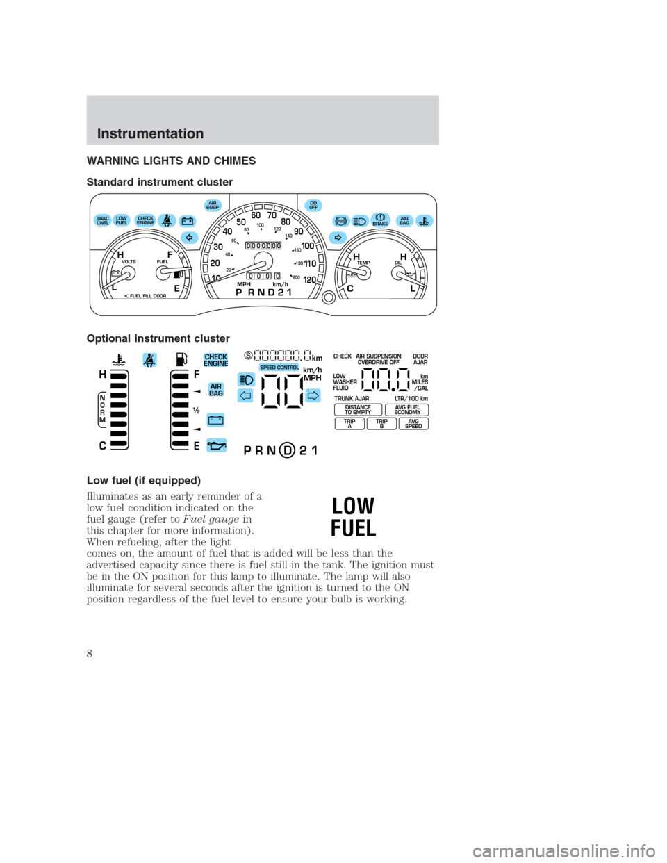 FORD CROWN VICTORIA 2000 2.G Owners Manual WARNING LIGHTS AND CHIMES
Standard instrument cluster
Optional instrument cluster
Low fuel (if equipped)
Illuminates as an early reminder of a
low fuel condition indicated on the
fuel gauge (refer toF