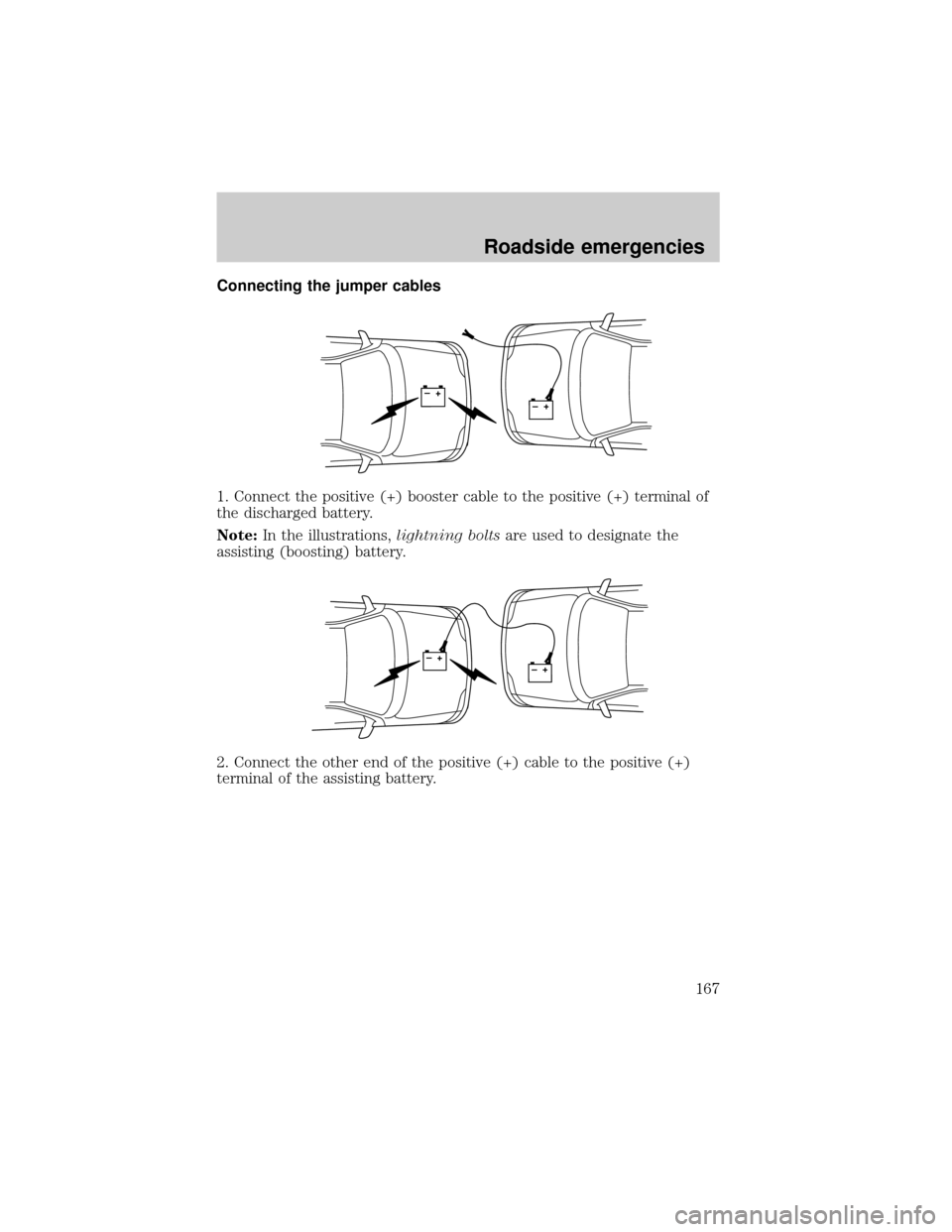 FORD CROWN VICTORIA 2001 2.G Owners Manual Connecting the jumper cables
1. Connect the positive (+) booster cable to the positive (+) terminal of
the discharged battery.
Note:In the illustrations,lightning boltsare used to designate the
assist