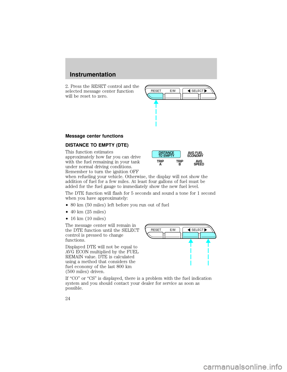 FORD CROWN VICTORIA 2001 2.G Owners Manual 2. Press the RESET control and the
selected message center function
will be reset to zero.
Message center functions
DISTANCE TO EMPTY (DTE)
This function estimates
approximately how far you can drive
