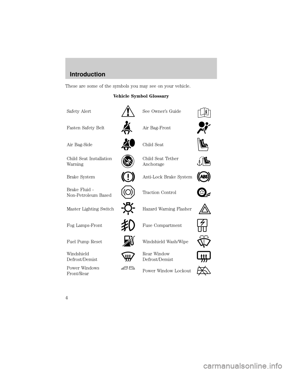 FORD CROWN VICTORIA 2001 2.G Owners Manual These are some of the symbols you may see on your vehicle.
Vehicle Symbol Glossary
Safety Alert
See Owners Guide
Fasten Safety BeltAir Bag-Front
Air Bag-SideChild Seat
Child Seat Installation
Warning