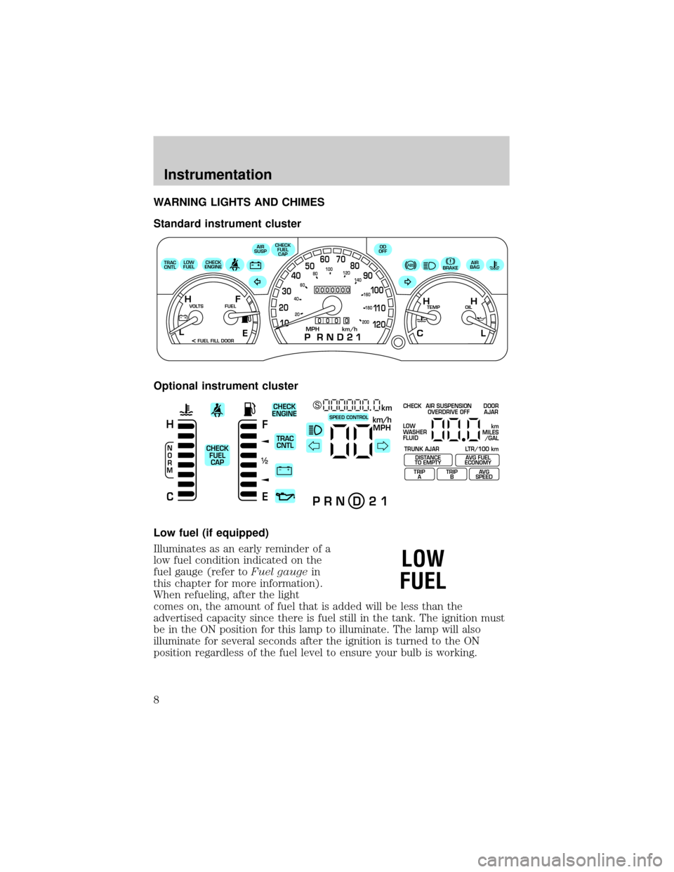 FORD CROWN VICTORIA 2001 2.G Owners Manual WARNING LIGHTS AND CHIMES
Standard instrument cluster
Optional instrument cluster
Low fuel (if equipped)
Illuminates as an early reminder of a
low fuel condition indicated on the
fuel gauge (refer toF