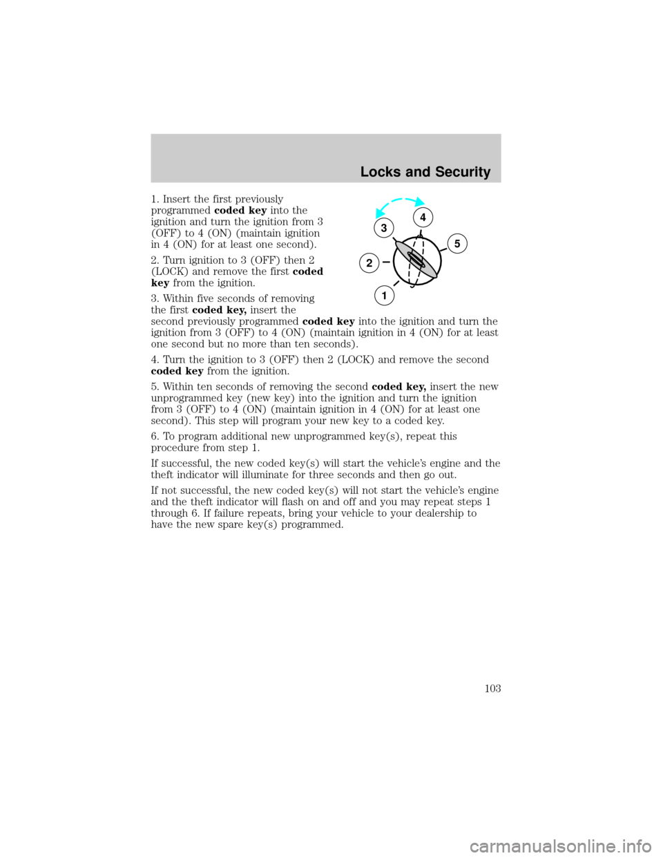 FORD CROWN VICTORIA 2002 2.G User Guide 1. Insert the first previously
programmedcoded keyinto the
ignition and turn the ignition from 3
(OFF) to 4 (ON) (maintain ignition
in 4 (ON) for at least one second).
2. Turn ignition to 3 (OFF) then