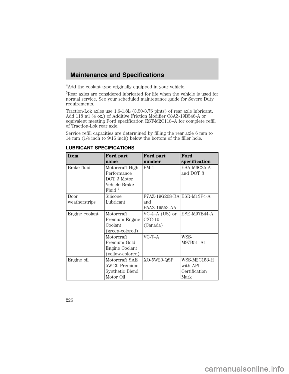 FORD CROWN VICTORIA 2002 2.G Owners Manual 4Add the coolant type originally equipped in your vehicle.
5Rear axles are considered lubricated for life when the vehicle is used for
normal service. See your scheduled maintenance guide for Severe D