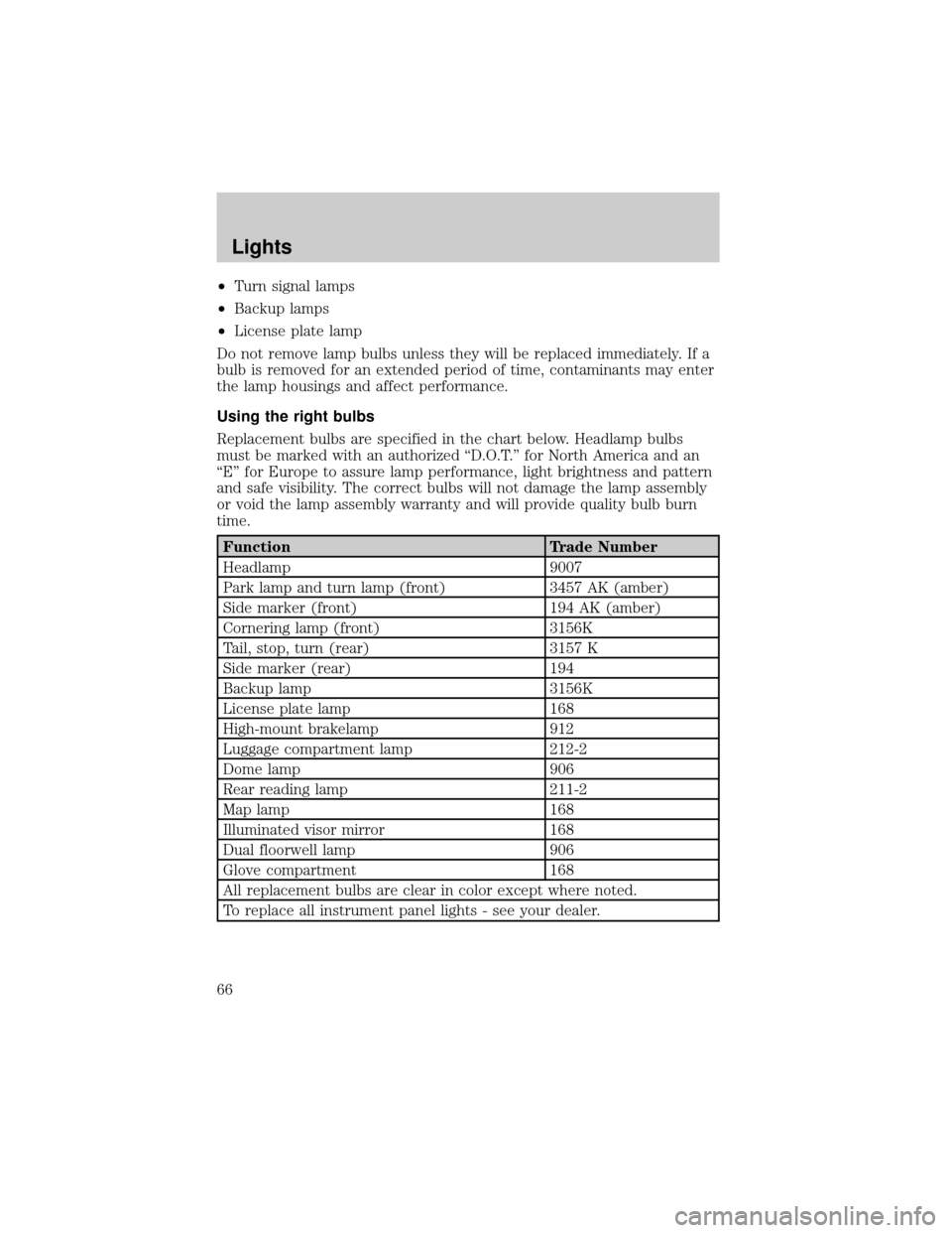 FORD CROWN VICTORIA 2002 2.G Owners Manual ²Turn signal lamps
²Backup lamps
²License plate lamp
Do not remove lamp bulbs unless they will be replaced immediately. If a
bulb is removed for an extended period of time, contaminants may enter
t