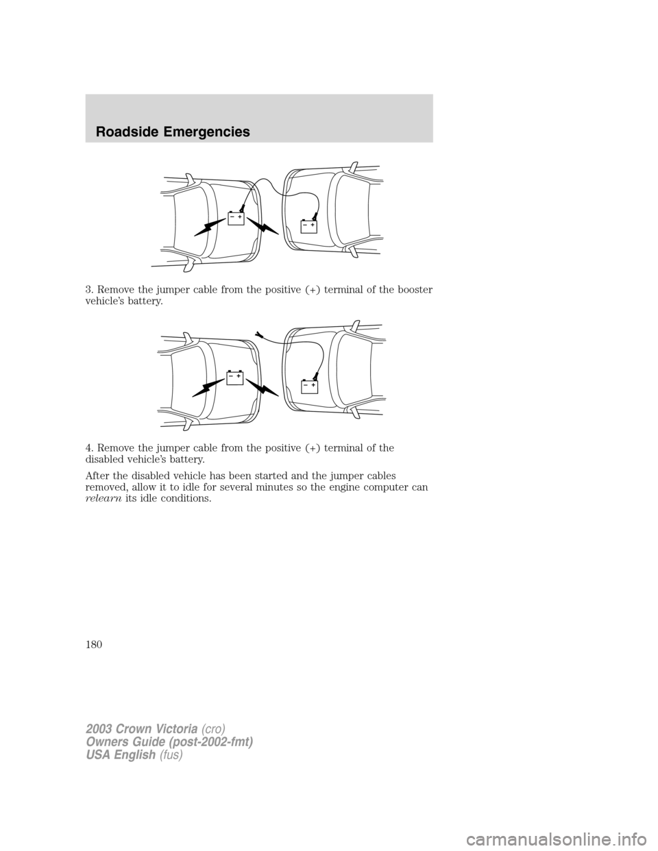 FORD CROWN VICTORIA 2003 2.G User Guide 3. Remove the jumper cable from the positive (+) terminal of the booster
vehicle’s battery.
4. Remove the jumper cable from the positive (+) terminal of the
disabled vehicle’s battery.
After the d