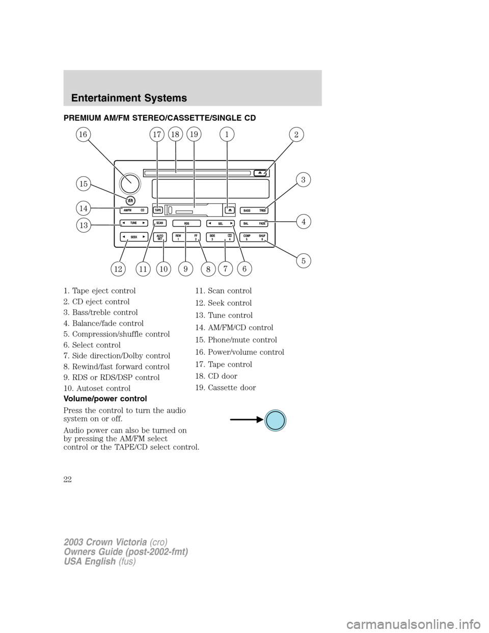 FORD CROWN VICTORIA 2003 2.G Owners Manual PREMIUM AM/FM STEREO/CASSETTE/SINGLE CD
1. Tape eject control
2. CD eject control
3. Bass/treble control
4. Balance/fade control
5. Compression/shuffle control
6. Select control
7. Side direction/Dolb