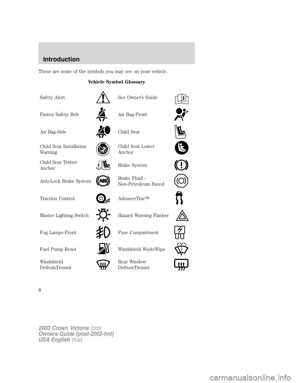 FORD CROWN VICTORIA 2003 2.G Owners Manual These are some of the symbols you may see on your vehicle.
Vehicle Symbol Glossary
Safety Alert
See Owner’s Guide
Fasten Safety BeltAir Bag-Front
Air Bag-SideChild Seat
Child Seat Installation
Warni