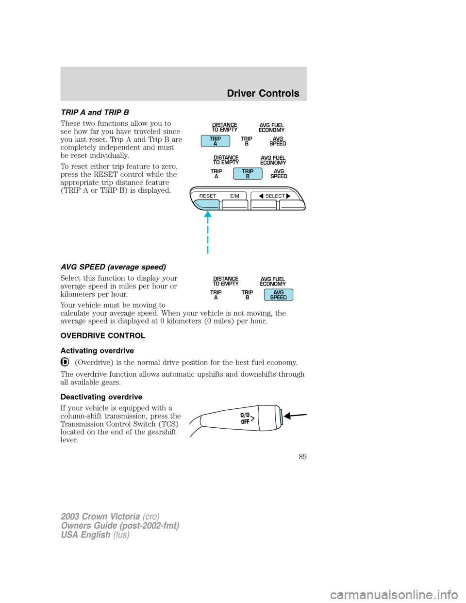 FORD CROWN VICTORIA 2003 2.G Owners Manual TRIP A and TRIP B
These two functions allow you to
see how far you have traveled since
you last reset. Trip A and Trip B are
completely independent and must
be reset individually.
To reset either trip