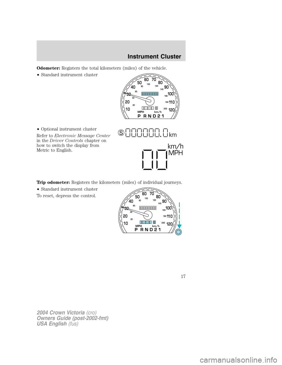 FORD CROWN VICTORIA 2004 2.G User Guide Odometer:Registers the total kilometers (miles) of the vehicle.
•Standard instrument cluster
•Optional instrument cluster
Refer toElectronic Message Center
in theDriver Controlschapter on
how to s FORD CROWN VICTORIA 2004 2.G User Guide Odometer:Registers the total kilometers (miles) of the vehicle.
•Standard instrument cluster
•Optional instrument cluster
Refer toElectronic Message Center
in theDriver Controlschapter on
how to s