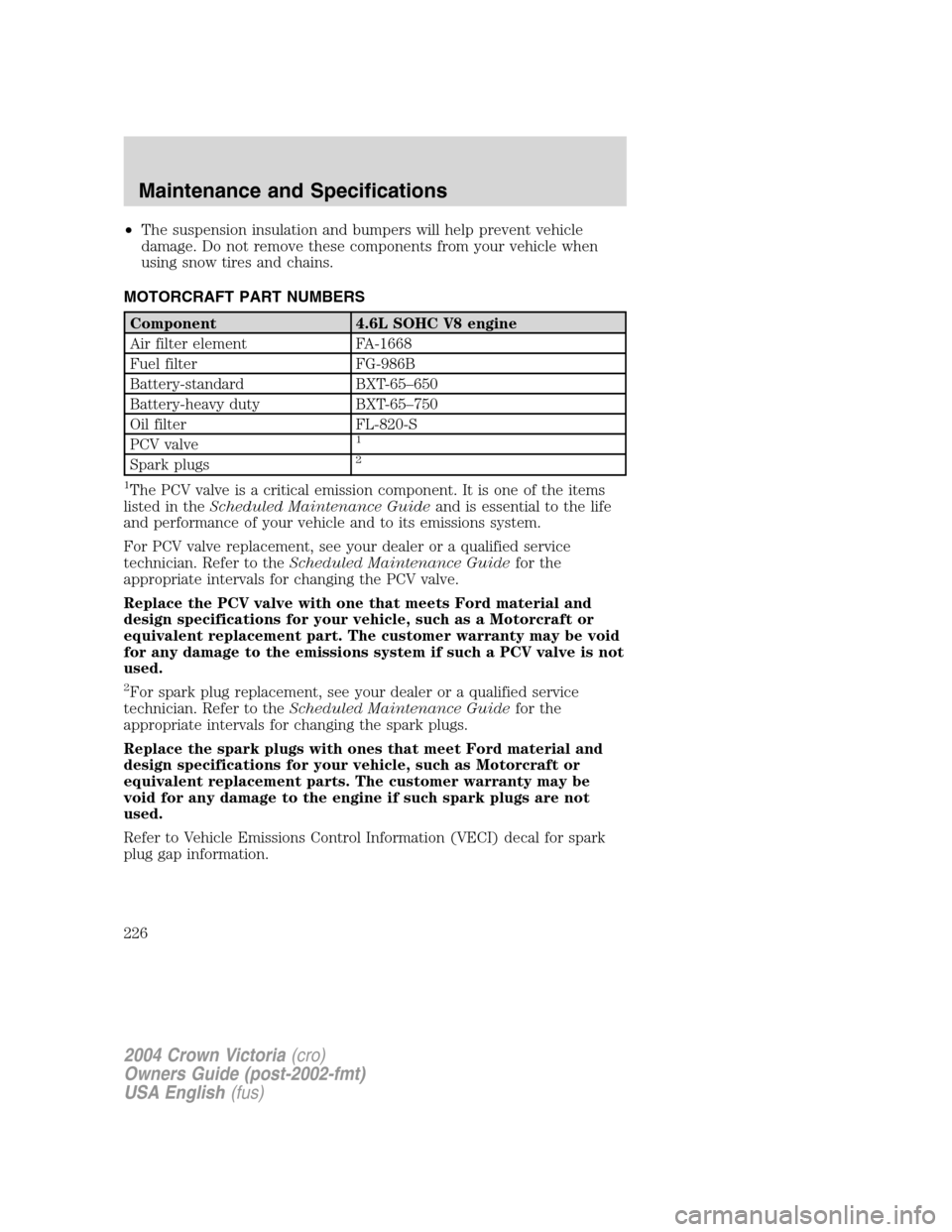 FORD CROWN VICTORIA 2004 2.G Owners Manual •The suspension insulation and bumpers will help prevent vehicle
damage. Do not remove these components from your vehicle when
using snow tires and chains.
MOTORCRAFT PART NUMBERS
Component 4.6L SOH FORD CROWN VICTORIA 2004 2.G Owners Manual •The suspension insulation and bumpers will help prevent vehicle
damage. Do not remove these components from your vehicle when
using snow tires and chains.
MOTORCRAFT PART NUMBERS
Component 4.6L SOH