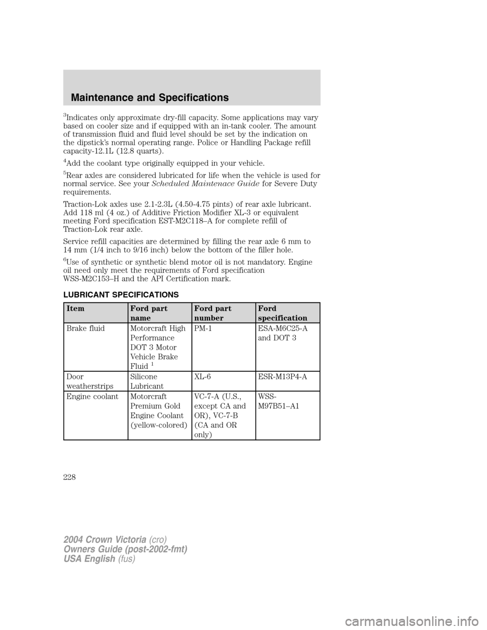 FORD CROWN VICTORIA 2004 2.G Owners Manual 3Indicates only approximate dry-fill capacity. Some applications may vary
based on cooler size and if equipped with an in-tank cooler. The amount
of transmission fluid and fluid level should be set by FORD CROWN VICTORIA 2004 2.G Owners Manual 3Indicates only approximate dry-fill capacity. Some applications may vary
based on cooler size and if equipped with an in-tank cooler. The amount
of transmission fluid and fluid level should be set by