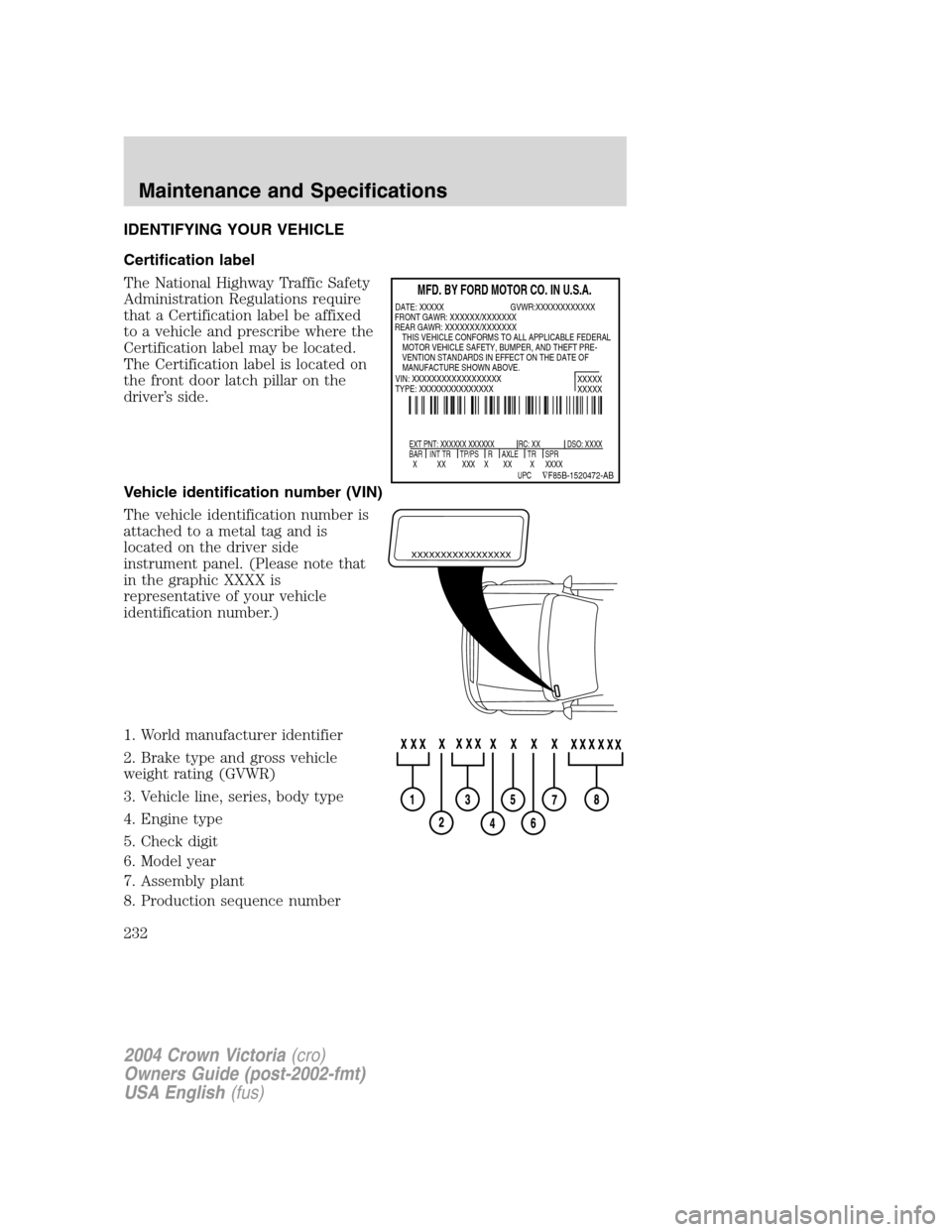 FORD CROWN VICTORIA 2004 2.G Owners Manual IDENTIFYING YOUR VEHICLE
Certification label
The National Highway Traffic Safety
Administration Regulations require
that a Certification label be affixed
to a vehicle and prescribe where the
Certifica FORD CROWN VICTORIA 2004 2.G Owners Manual IDENTIFYING YOUR VEHICLE
Certification label
The National Highway Traffic Safety
Administration Regulations require
that a Certification label be affixed
to a vehicle and prescribe where the
Certifica