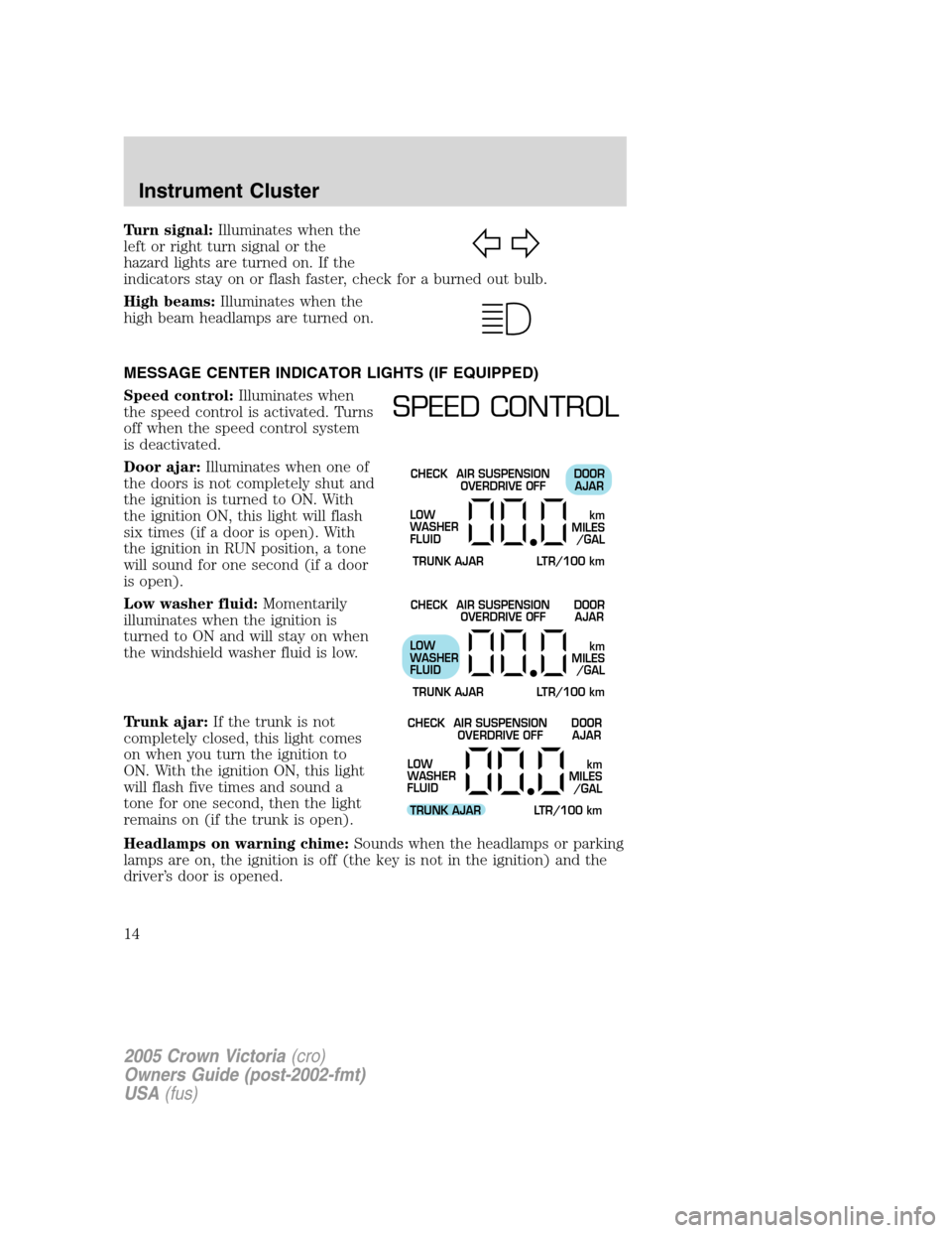 FORD CROWN VICTORIA 2005 2.G User Guide Turn signal:Illuminates when the
left or right turn signal or the
hazard lights are turned on. If the
indicators stay on or flash faster, check for a burned out bulb.
High beams:Illuminates when the
h