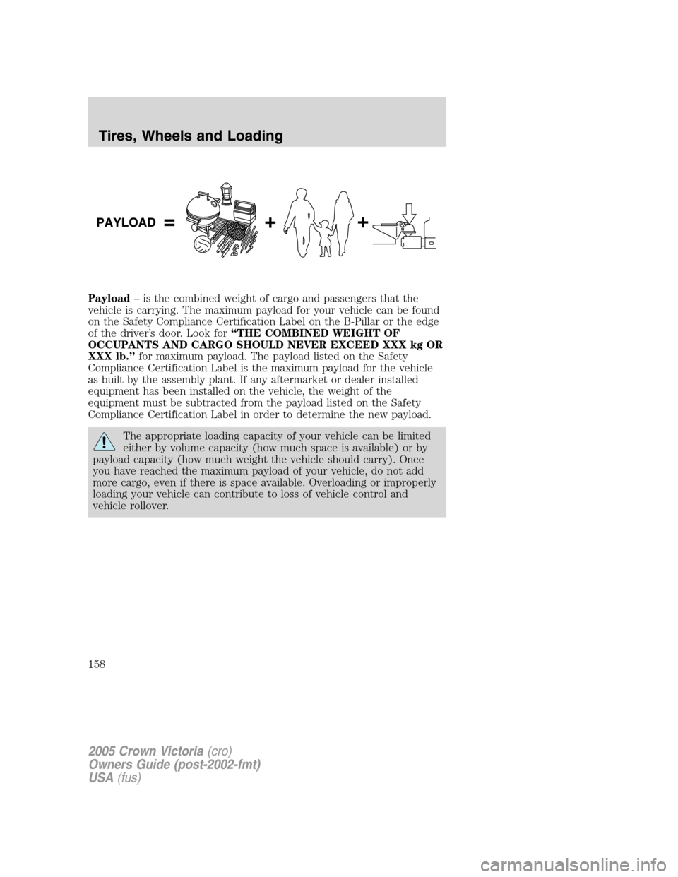 FORD CROWN VICTORIA 2005 2.G Owners Manual Payload– is the combined weight of cargo and passengers that the
vehicle is carrying. The maximum payload for your vehicle can be found
on the Safety Compliance Certification Label on the B-Pillar o