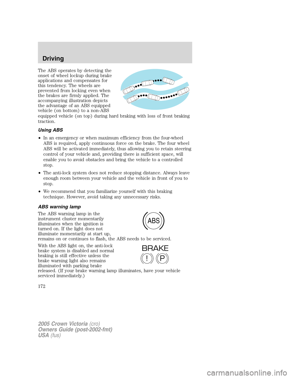 FORD CROWN VICTORIA 2005 2.G Owners Manual The ABS operates by detecting the
onset of wheel lockup during brake
applications and compensates for
this tendency. The wheels are
prevented from locking even when
the brakes are firmly applied. The
