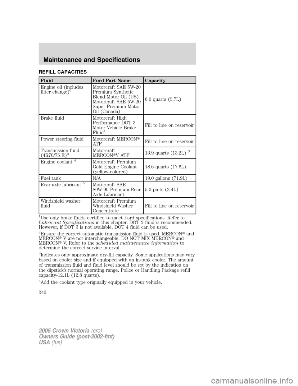 FORD CROWN VICTORIA 2005 2.G Owners Manual REFILL CAPACITIES
Fluid Ford Part Name Capacity
Engine oil (includes
filter change)
6Motorcraft SAE 5W-20
Premium Synthetic
Blend Motor Oil (US)
Motorcraft SAE 5W-20
Super Premium Motor
Oil (Canada)6.