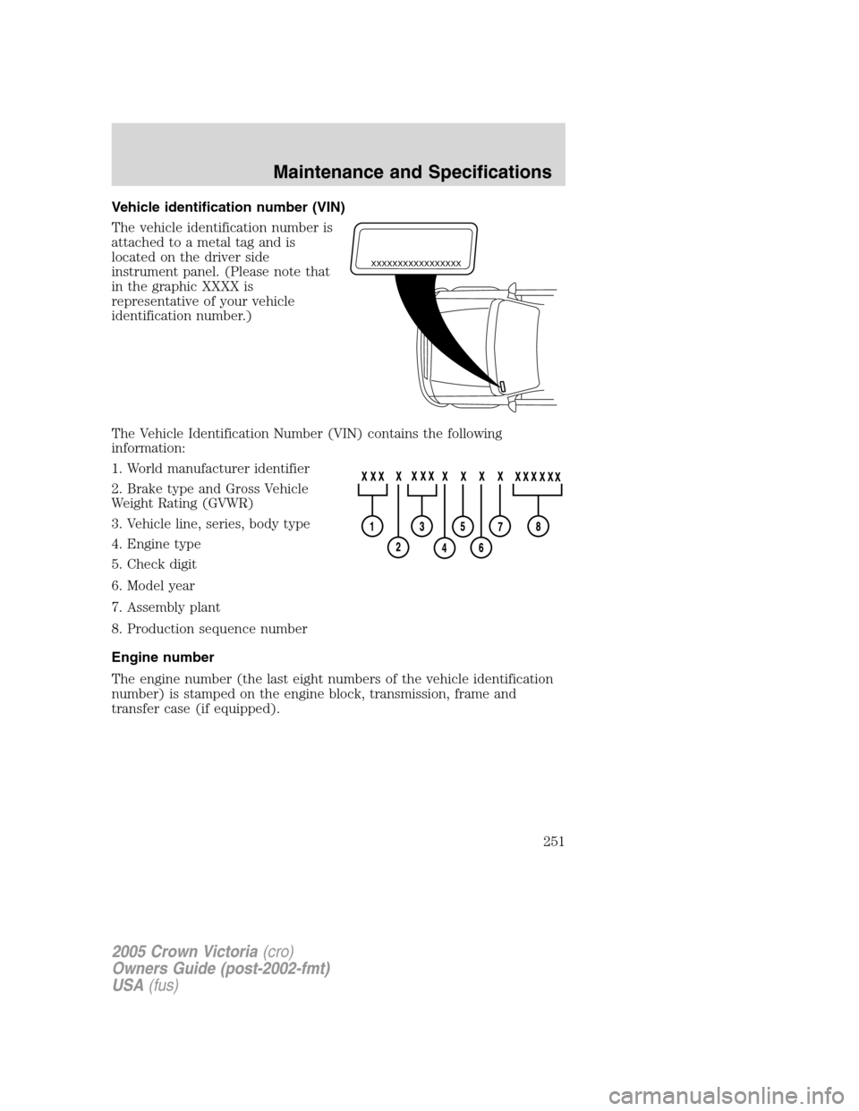 FORD CROWN VICTORIA 2005 2.G Owners Manual Vehicle identification number (VIN)
The vehicle identification number is
attached to a metal tag and is
located on the driver side
instrument panel. (Please note that
in the graphic XXXX is
representa
