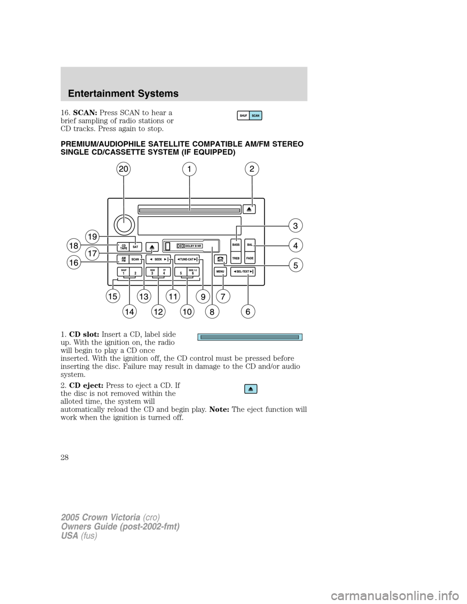 FORD CROWN VICTORIA 2005 2.G Owners Manual 16.SCAN:Press SCAN to hear a
brief sampling of radio stations or
CD tracks. Press again to stop.
PREMIUM/AUDIOPHILE SATELLITE COMPATIBLE AM/FM STEREO
SINGLE CD/CASSETTE SYSTEM (IF EQUIPPED)
1.CD slot: FORD CROWN VICTORIA 2005 2.G Owners Manual 16.SCAN:Press SCAN to hear a
brief sampling of radio stations or
CD tracks. Press again to stop.
PREMIUM/AUDIOPHILE SATELLITE COMPATIBLE AM/FM STEREO
SINGLE CD/CASSETTE SYSTEM (IF EQUIPPED)
1.CD slot: