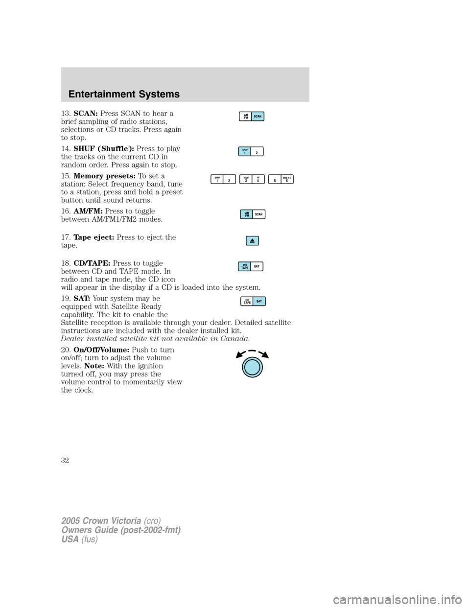 FORD CROWN VICTORIA 2005 2.G Owners Guide 13.SCAN:Press SCAN to hear a
brief sampling of radio stations,
selections or CD tracks. Press again
to stop.
14.SHUF (Shuffle):Press to play
the tracks on the current CD in
random order. Press again t