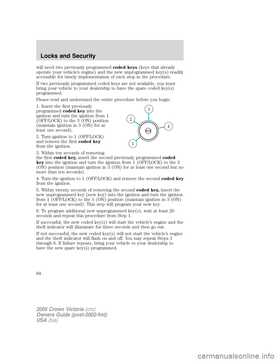 FORD CROWN VICTORIA 2005 2.G Owners Manual will need two previously programmedcoded keys(keys that already
operate your vehicle’s engine) and the new unprogrammed key(s) readily
accessible for timely implementation of each step in the proced