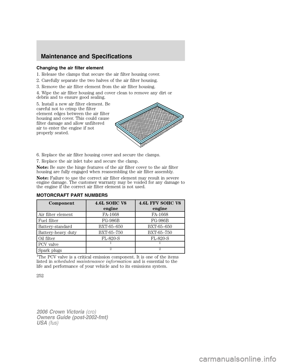 FORD CROWN VICTORIA 2006 2.G Owners Manual Changing the air filter element
1. Release the clamps that secure the air filter housing cover.
2. Carefully separate the two halves of the air filter housing.
3. Remove the air filter element from th