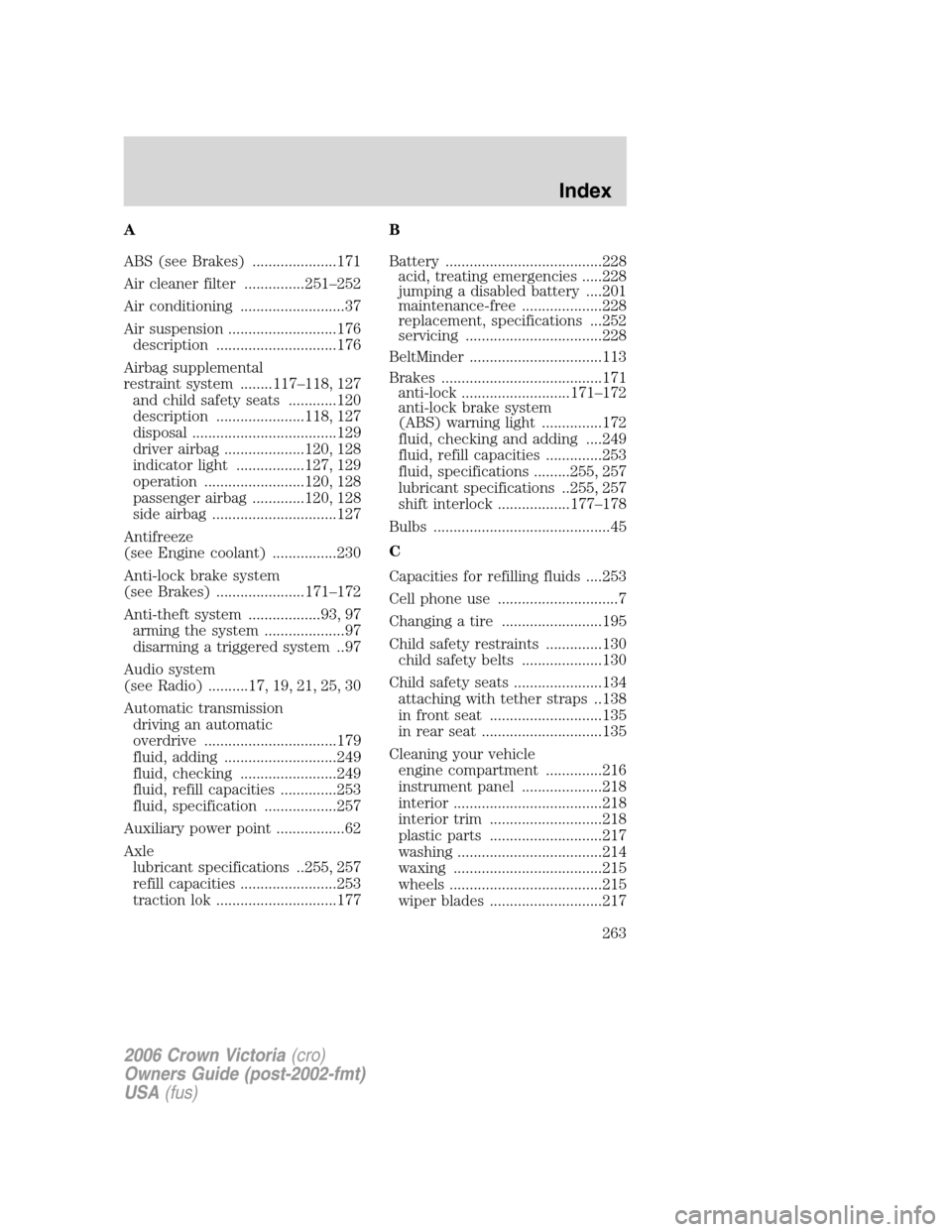 FORD CROWN VICTORIA 2006 2.G Owners Manual A
ABS (see Brakes) .....................171
Air cleaner filter ...............251–252
Air conditioning ..........................37
Air suspension ...........................176
description ........