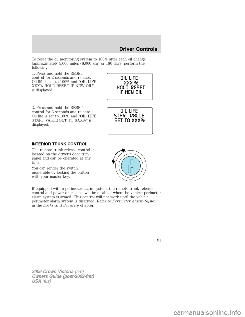 FORD CROWN VICTORIA 2006 2.G Owners Manual To reset the oil monitoring system to 100% after each oil change
[approximately 5,000 miles (8,000 km) or 180 days] perform the
following:
1. Press and hold the RESET
control for 2 seconds and release