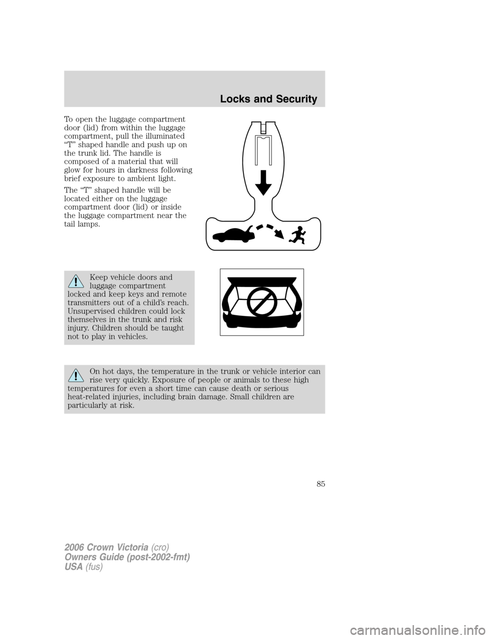 FORD CROWN VICTORIA 2006 2.G Owners Manual To open the luggage compartment
door (lid) from within the luggage
compartment, pull the illuminated
“T” shaped handle and push up on
the trunk lid. The handle is
composed of a material that will
