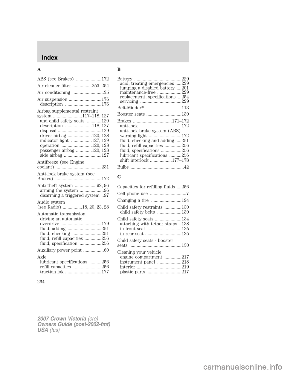 FORD CROWN VICTORIA 2007 2.G Owners Manual A
ABS (see Brakes) .....................172
Air cleaner filter ...............253–254
Air conditioning ..........................35
Air suspension ...........................176
description ........