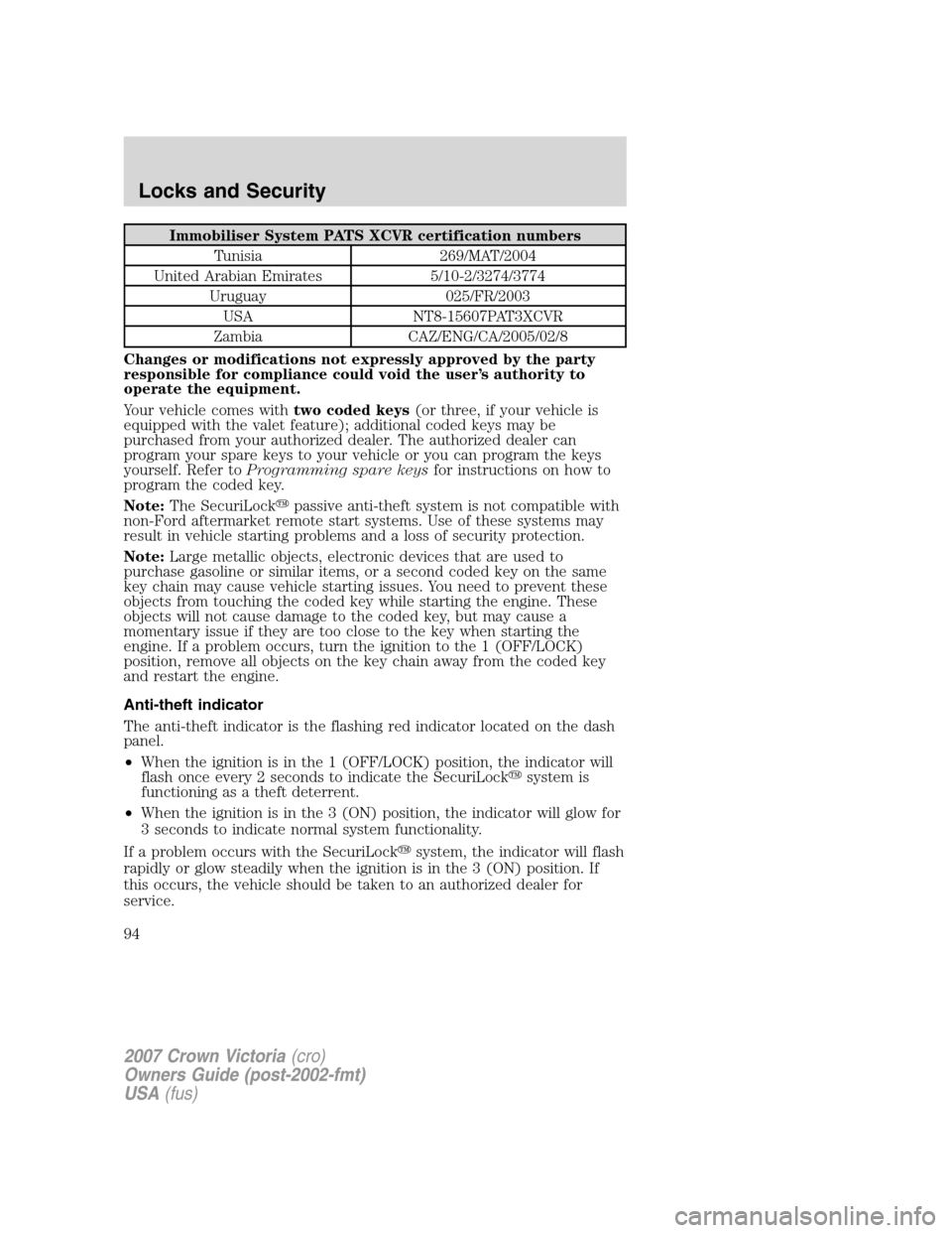 FORD CROWN VICTORIA 2007 2.G Owners Manual Immobiliser System PATS XCVR certification numbers
Tunisia 269/MAT/2004
United Arabian Emirates 5/10-2/3274/3774
Uruguay 025/FR/2003
USA NT8-15607PAT3XCVR
Zambia CAZ/ENG/CA/2005/02/8
Changes or modifi FORD CROWN VICTORIA 2007 2.G Owners Manual Immobiliser System PATS XCVR certification numbers
Tunisia 269/MAT/2004
United Arabian Emirates 5/10-2/3274/3774
Uruguay 025/FR/2003
USA NT8-15607PAT3XCVR
Zambia CAZ/ENG/CA/2005/02/8
Changes or modifi