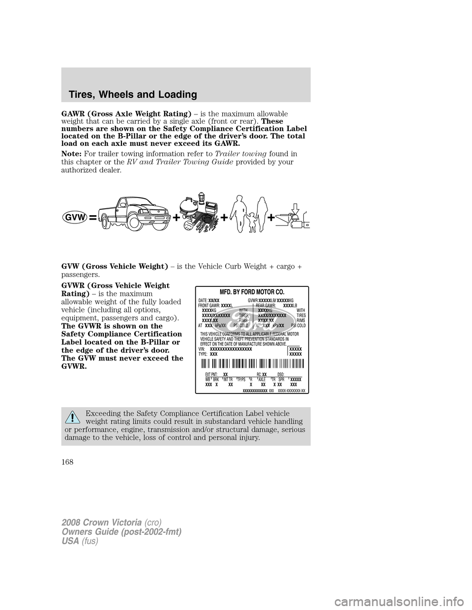 FORD CROWN VICTORIA 2008 2.G Owners Manual GAWR (Gross Axle Weight Rating)– is the maximum allowable
weight that can be carried by a single axle (front or rear).These
numbers are shown on the Safety Compliance Certification Label
located on 