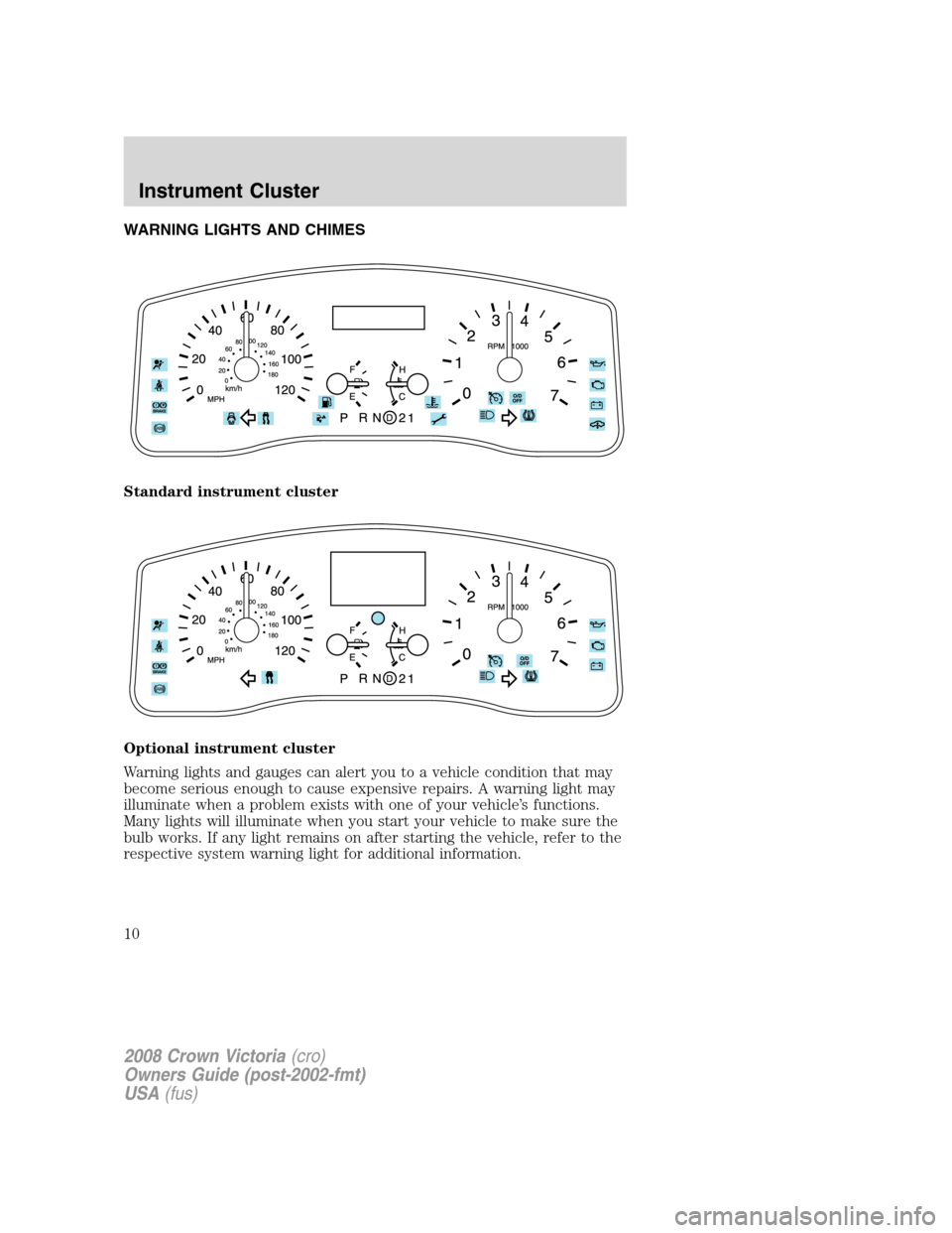 FORD CROWN VICTORIA 2008 2.G Owners Manual WARNING LIGHTS AND CHIMES
Standard instrument cluster
Optional instrument cluster
Warning lights and gauges can alert you to a vehicle condition that may
become serious enough to cause expensive repai