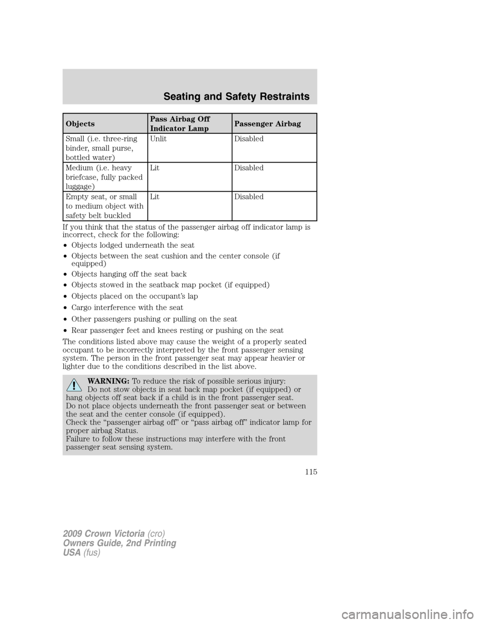 FORD CROWN VICTORIA 2009 2.G Owners Manual ObjectsPass Airbag Off
Indicator LampPassenger Airbag
Small (i.e. three-ring
binder, small purse,
bottled water)Unlit Disabled
Medium (i.e. heavy
briefcase, fully packed
luggage)Lit Disabled
Empty sea