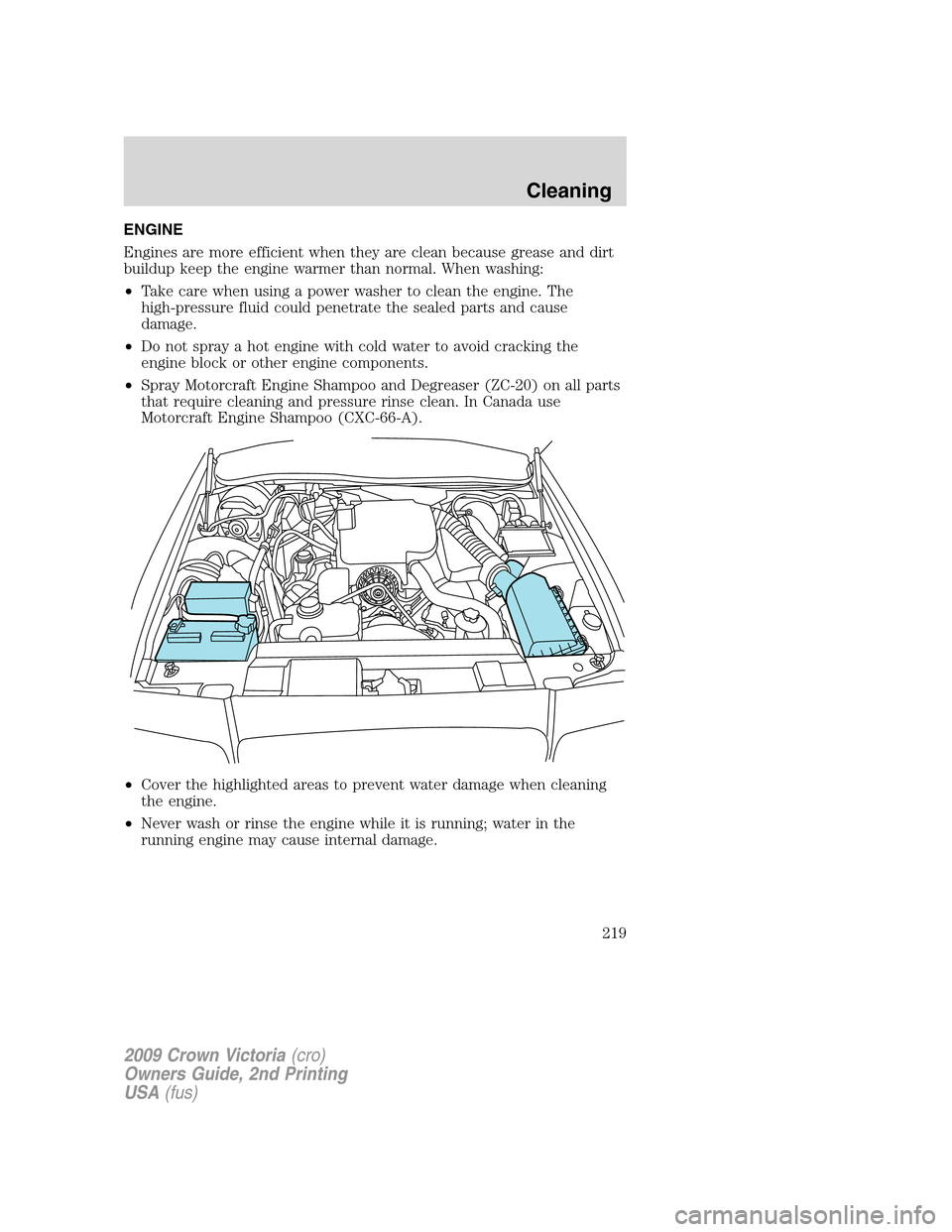 FORD CROWN VICTORIA 2009 2.G Owners Manual ENGINE
Engines are more efficient when they are clean because grease and dirt
buildup keep the engine warmer than normal. When washing:
•Take care when using a power washer to clean the engine. The
