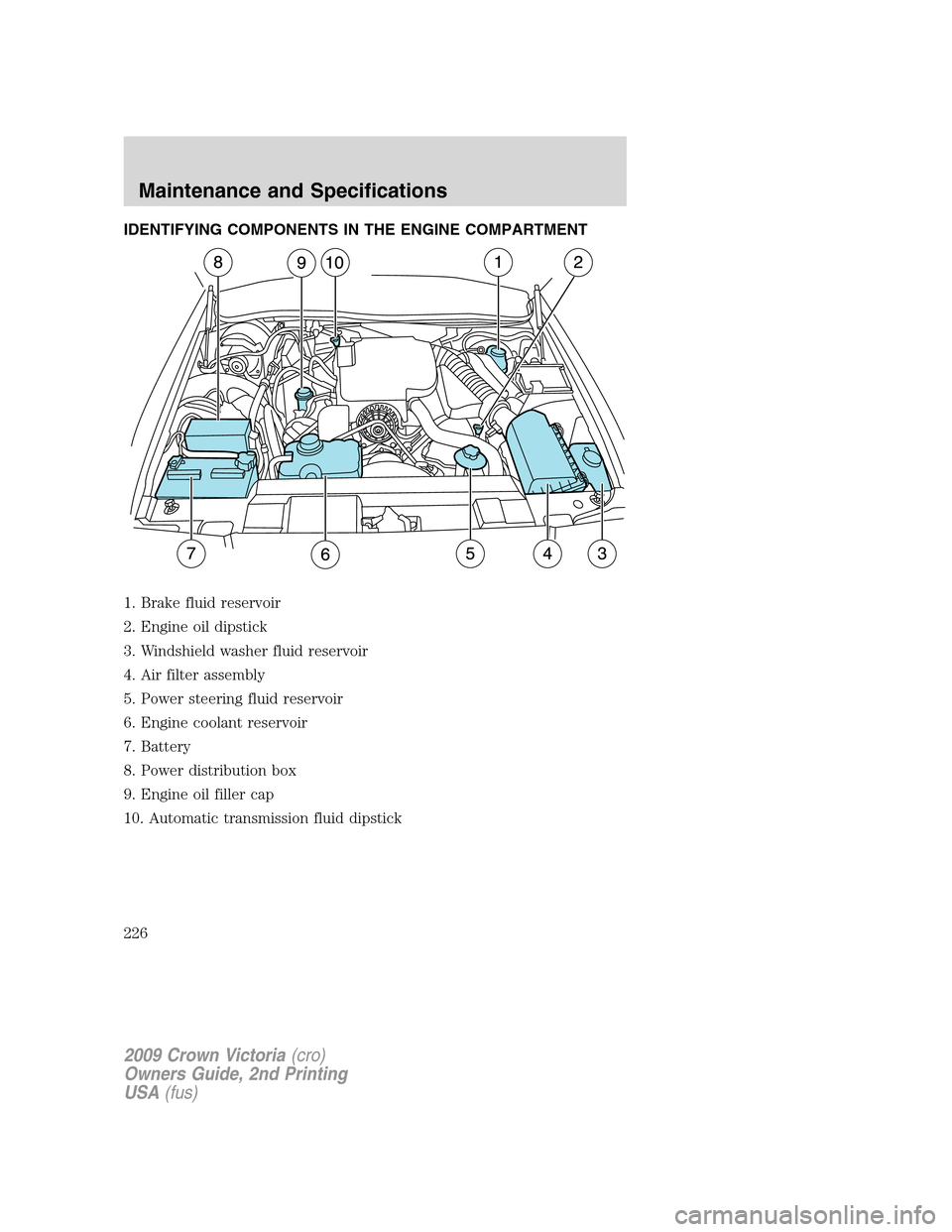 FORD CROWN VICTORIA 2009 2.G Owners Manual IDENTIFYING COMPONENTS IN THE ENGINE COMPARTMENT
1. Brake fluid reservoir
2. Engine oil dipstick
3. Windshield washer fluid reservoir
4. Air filter assembly
5. Power steering fluid reservoir
6. Engine