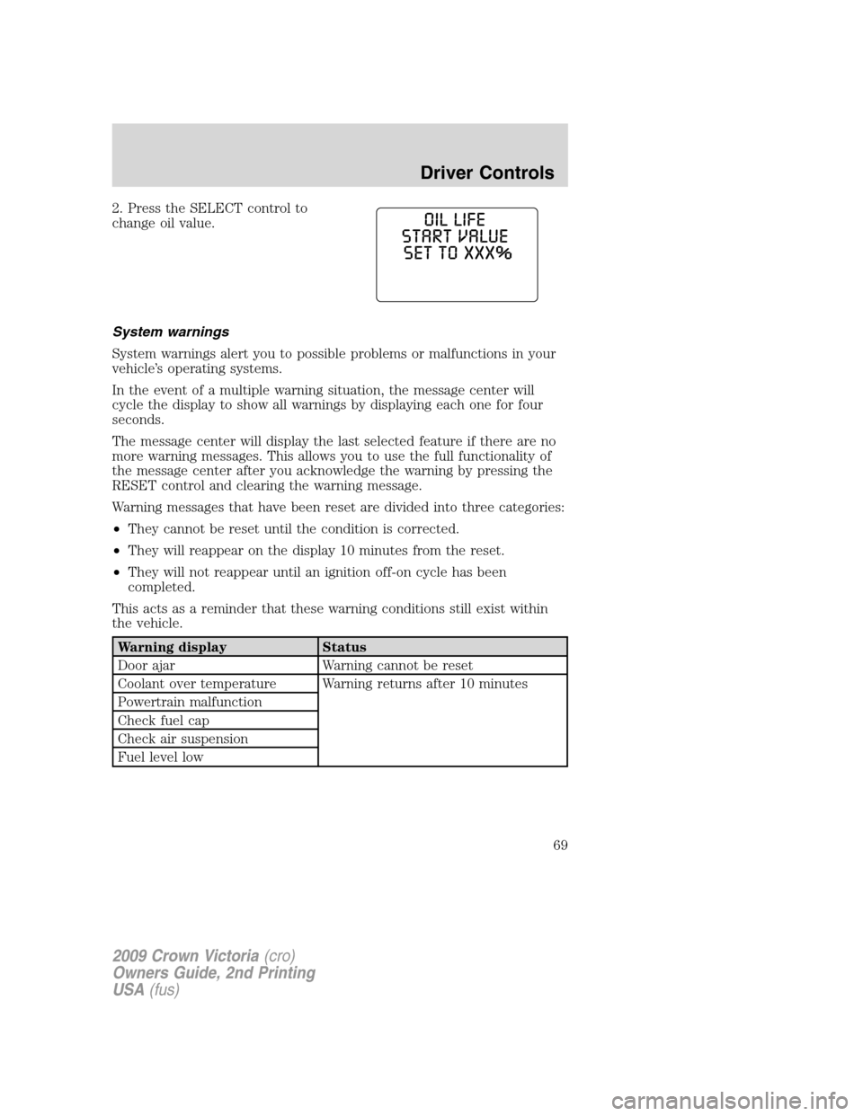 FORD CROWN VICTORIA 2009 2.G Owners Manual 2. Press the SELECT control to
change oil value.
System warnings
System warnings alert you to possible problems or malfunctions in your
vehicle’s operating systems.
In the event of a multiple warnin