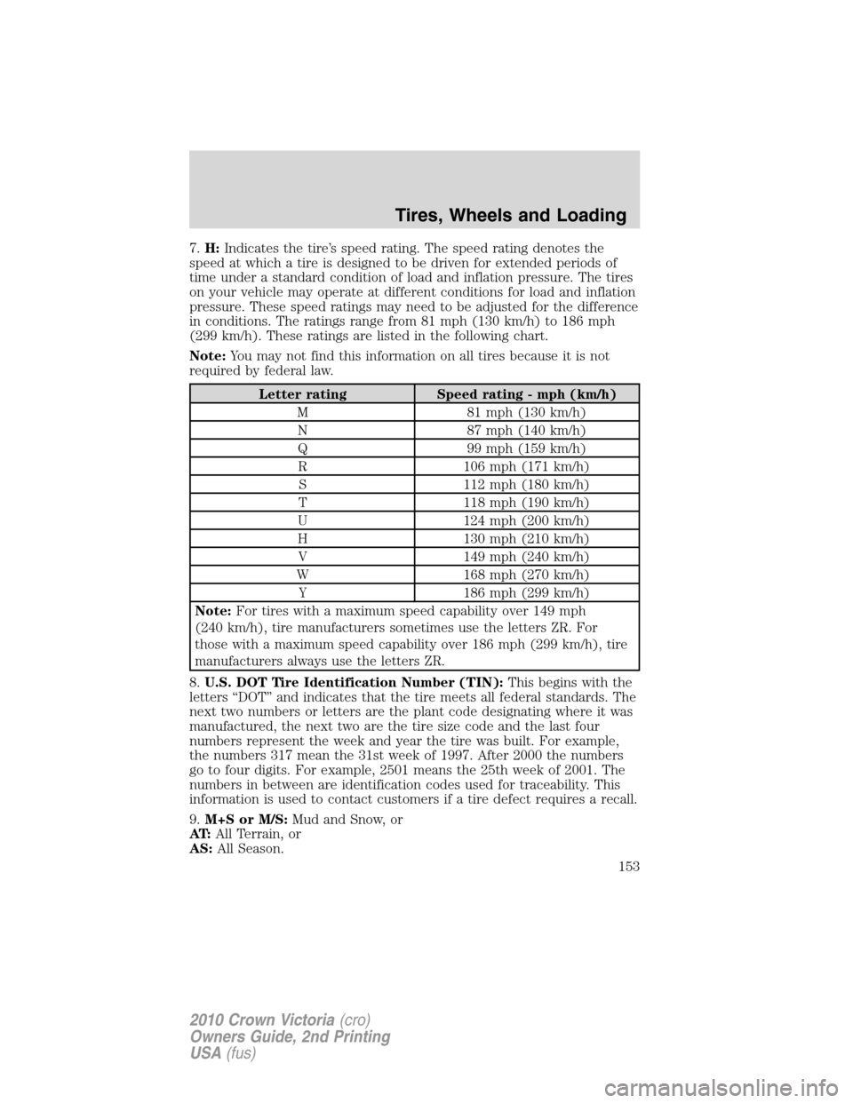 FORD CROWN VICTORIA 2010 2.G Owners Manual 7.H:Indicates the tire’s speed rating. The speed rating denotes the
speed at which a tire is designed to be driven for extended periods of
time under a standard condition of load and inflation press FORD CROWN VICTORIA 2010 2.G Owners Manual 7.H:Indicates the tire’s speed rating. The speed rating denotes the
speed at which a tire is designed to be driven for extended periods of
time under a standard condition of load and inflation press