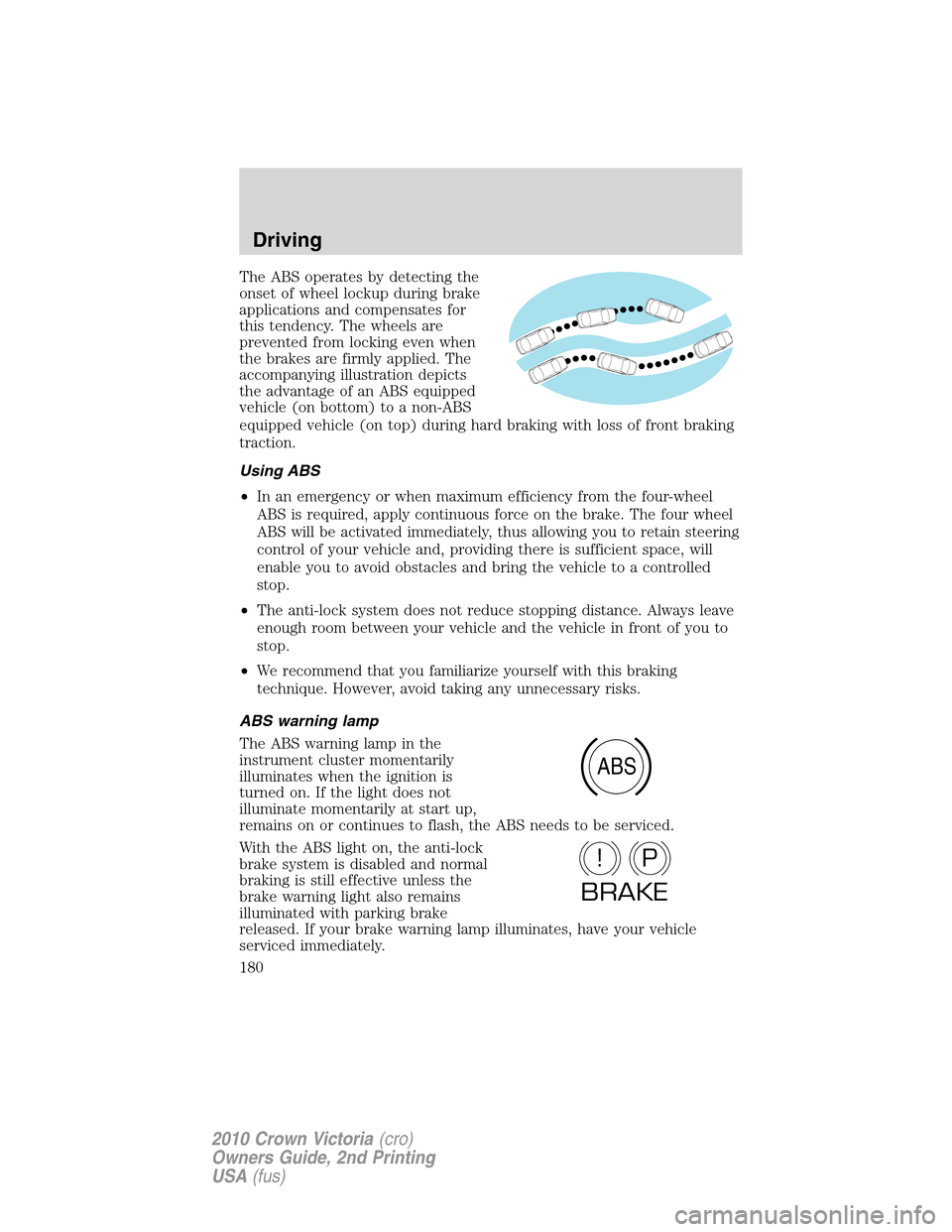 FORD CROWN VICTORIA 2010 2.G Owners Manual The ABS operates by detecting the
onset of wheel lockup during brake
applications and compensates for
this tendency. The wheels are
prevented from locking even when
the brakes are firmly applied. The
