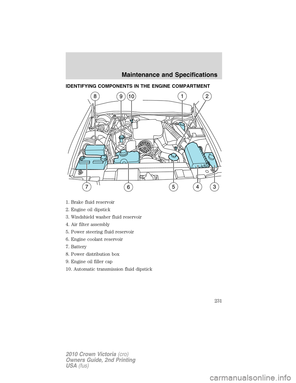 FORD CROWN VICTORIA 2010 2.G Owners Manual IDENTIFYING COMPONENTS IN THE ENGINE COMPARTMENT
1. Brake fluid reservoir
2. Engine oil dipstick
3. Windshield washer fluid reservoir
4. Air filter assembly
5. Power steering fluid reservoir
6. Engine