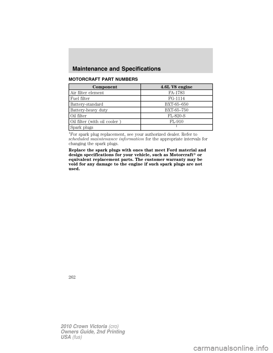 FORD CROWN VICTORIA 2010 2.G Owners Manual MOTORCRAFT PART NUMBERS
Component 4.6L V8 engine
Air filter element FA-1783
Fuel filter FG-1114
Battery-standard BXT-65–650
Battery-heavy duty BXT-65–750
Oil filter FL-820-S
Oil filter (with oil c