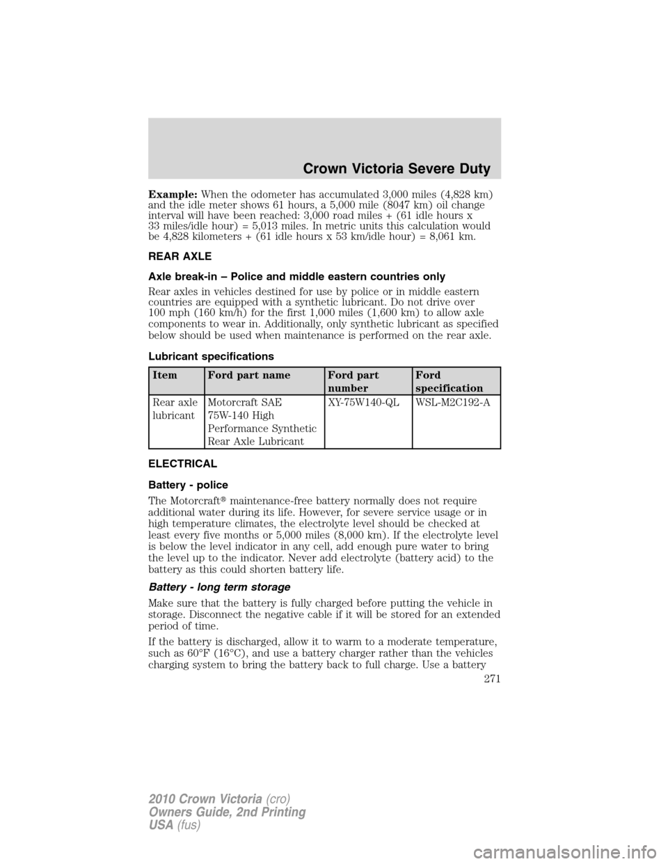 FORD CROWN VICTORIA 2010 2.G Owners Manual Example:When the odometer has accumulated 3,000 miles (4,828 km)
and the idle meter shows 61 hours, a 5,000 mile (8047 km) oil change
interval will have been reached: 3,000 road miles + (61 idle hours